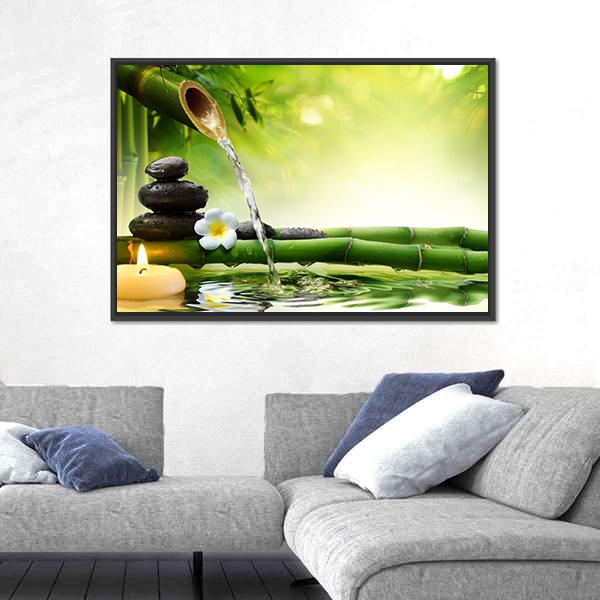 Spa Stones In Garden With Flow Water Canvas Wall Art-3 Horizontal-Gallery Wrap-25" x 16"-Tiaracle