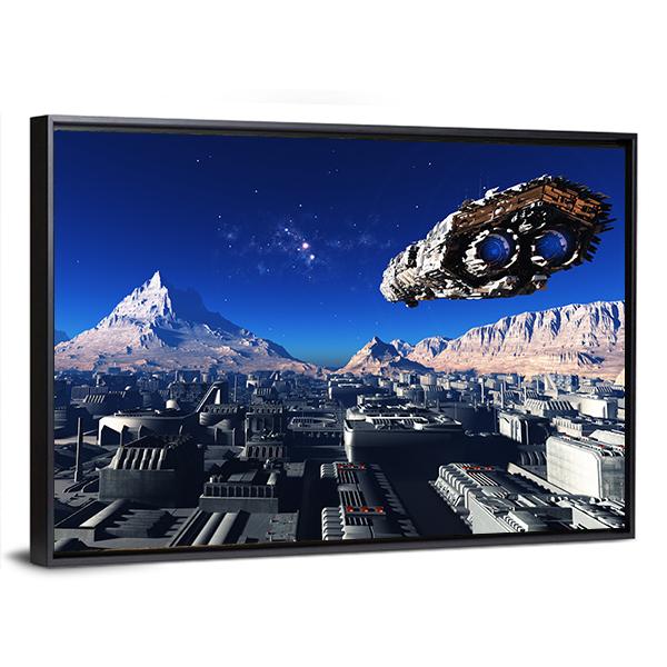 Spacecraft And City On The Planet Canvas Wall Art-5 Horizontal-Gallery Wrap-22" x 12"-Tiaracle