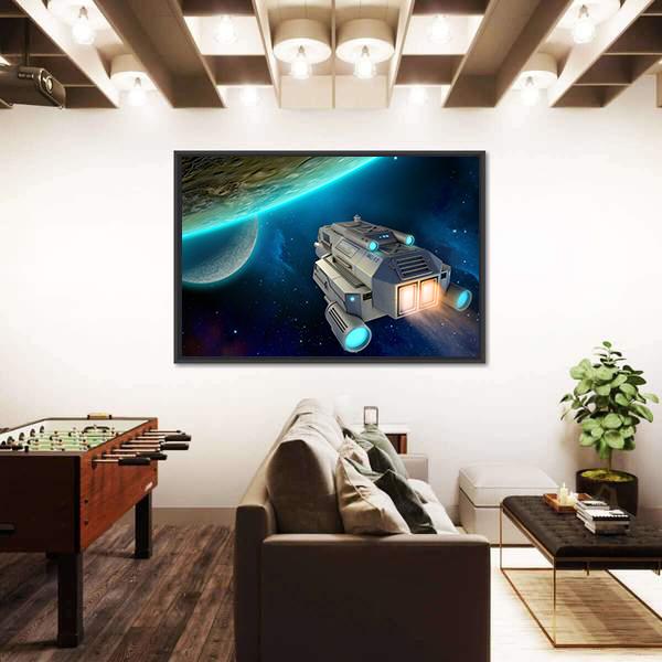 Spaceship Approaching A Planet Canvas Wall Art-1 Piece-Floating Frame-24" x 16"-Tiaracle