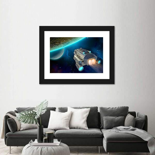 Spaceship Approaching A Planet Canvas Wall Art-1 Piece-Framed Print-20" x 16"-Tiaracle