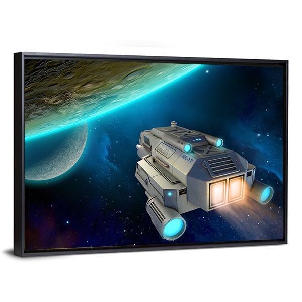 Spaceship Approaching A Planet Canvas Wall Art-5 Horizontal-Gallery Wrap-22" x 12"-Tiaracle