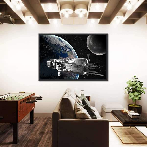 Spaceship In Front Of Moon And Earth Canvas Wall Art-1 Piece-Floating Frame-24" x 16"-Tiaracle
