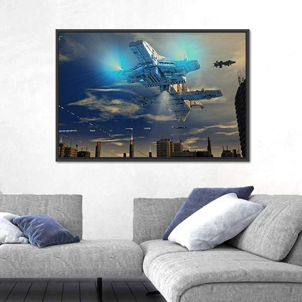 Spaceship UFO And City Canvas Wall Art-5 Horizontal-Gallery Wrap-22" x 12"-Tiaracle