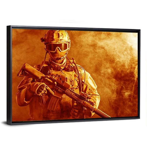 Special Forces Soldier With Rifle In Fire Canvas Wall Art-5 Horizontal-Gallery Wrap-22" x 12"-Tiaracle