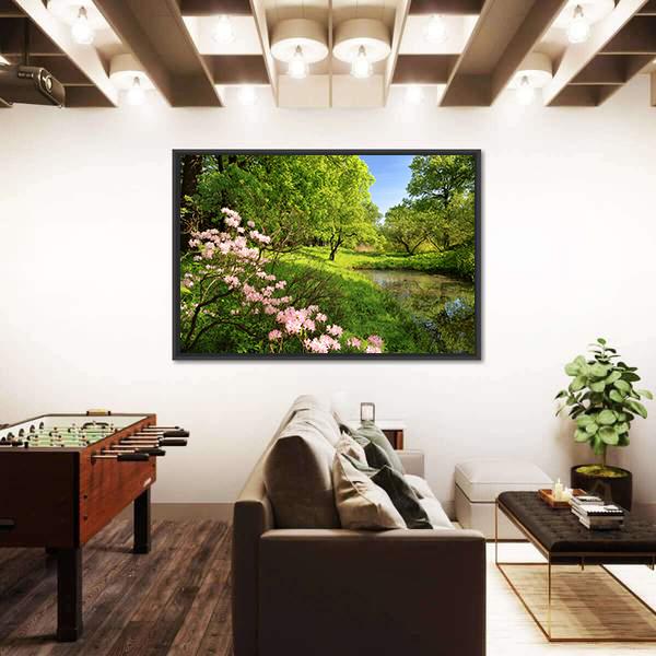 Spring Landscape With Pond And Rhododendron Canvas Wall Art-1 Piece-Floating Frame-36" x 24"-Tiaracle