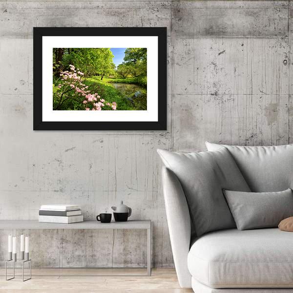 Spring Landscape With Pond And Rhododendron Canvas Wall Art-5 Horizontal-Gallery Wrap-22" x 12"-Tiaracle