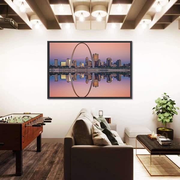 St Louis Skyline Along Mississippi River Canvas Wall Art-1 Piece-Floating Frame-24" x 16"-Tiaracle