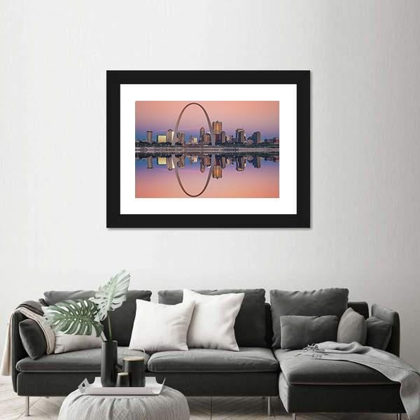 St Louis Skyline Along Mississippi River Canvas Wall Art-1 Piece-Framed Print-20" x 16"-Tiaracle