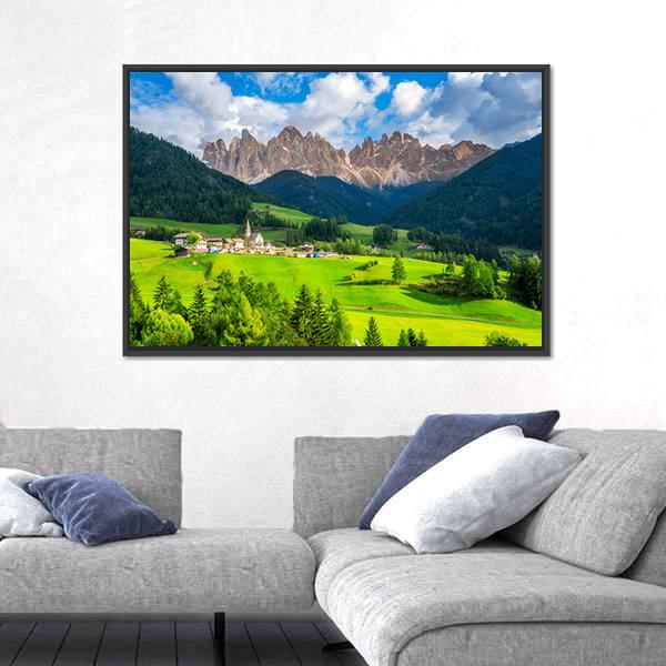 St Magdalena Village With Odle Dolomites Canvas Wall Art-3 Horizontal-Gallery Wrap-25" x 16"-Tiaracle