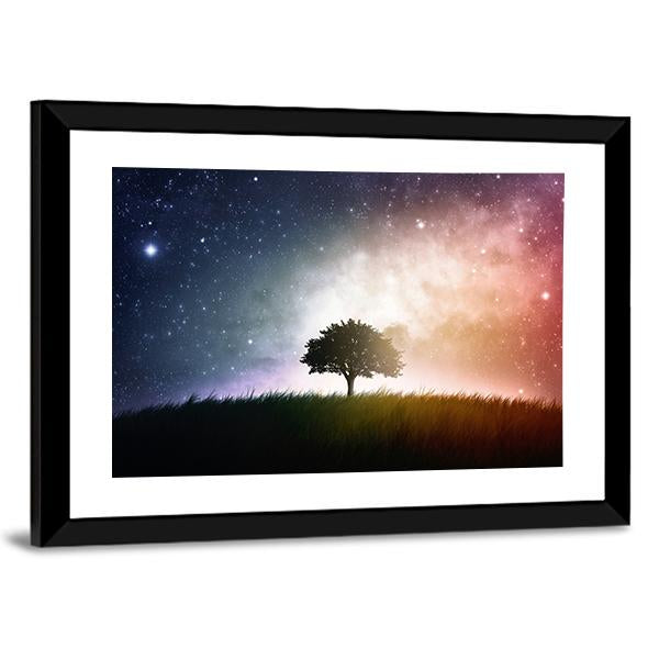 Star And Galaxies Behind The Tree Canvas Wall Art-3 Horizontal-Gallery Wrap-25" x 16"-Tiaracle