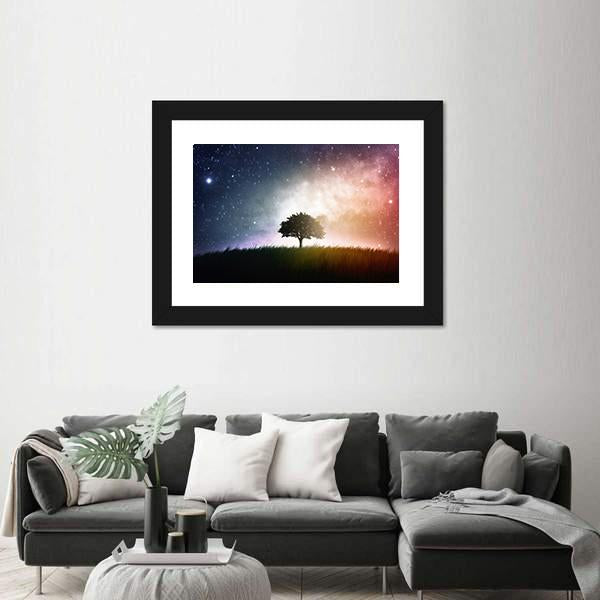 Star And Galaxies Behind The Tree Canvas Wall Art-3 Horizontal-Gallery Wrap-25" x 16"-Tiaracle