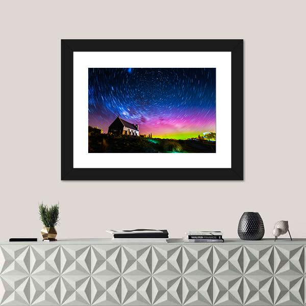 Star Trails And Aurora Light At Church Of Good Shepherd Canvas Wall Art-1 Piece-Framed Print-30" x 20"-Tiaracle