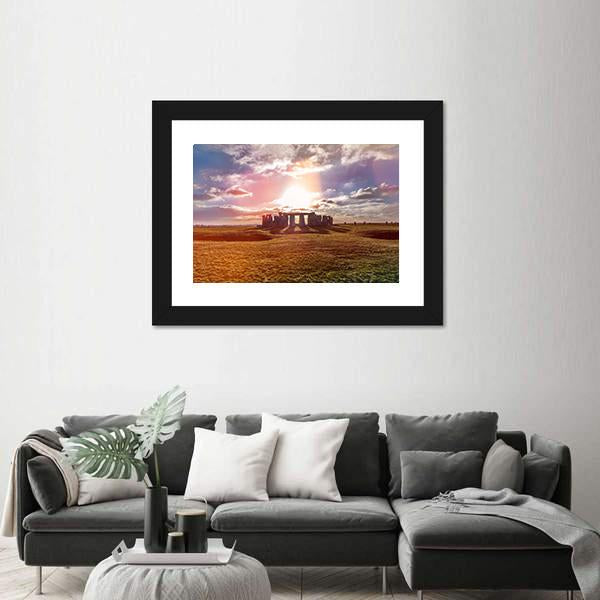 Stonehenge Against The Sun In England Canvas Wall Art-1 Piece-Framed Print-42" x 14"-Tiaracle