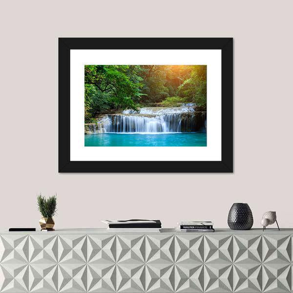 Stream In Green Forest Jungle Canvas Wall Art-1 Piece-Framed Print-20" x 16"-Tiaracle
