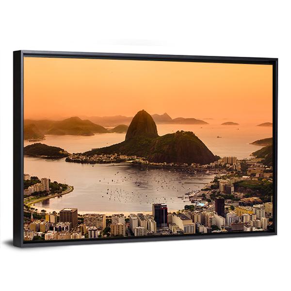Suggar Loaf And Botafogo Beach At Sunset Canvas Wall Art-3 Horizontal-Gallery Wrap-25" x 16"-Tiaracle