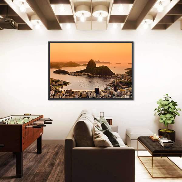 Suggar Loaf And Botafogo Beach At Sunset Canvas Wall Art-3 Horizontal-Gallery Wrap-25" x 16"-Tiaracle