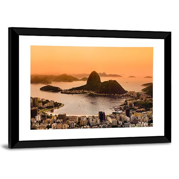 Suggar Loaf And Botafogo Beach At Sunset Canvas Wall Art-3 Horizontal-Gallery Wrap-25" x 16"-Tiaracle