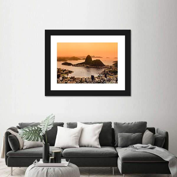 Suggar Loaf And Botafogo Beach At Sunset Canvas Wall Art-3 Horizontal-Gallery Wrap-25" x 16"-Tiaracle