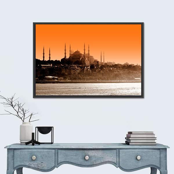 Sultan Ahmet Mosque At Sunset In Istanbul Canvas Wall Art-1 Piece-Floating Frame-24" x 16"-Tiaracle
