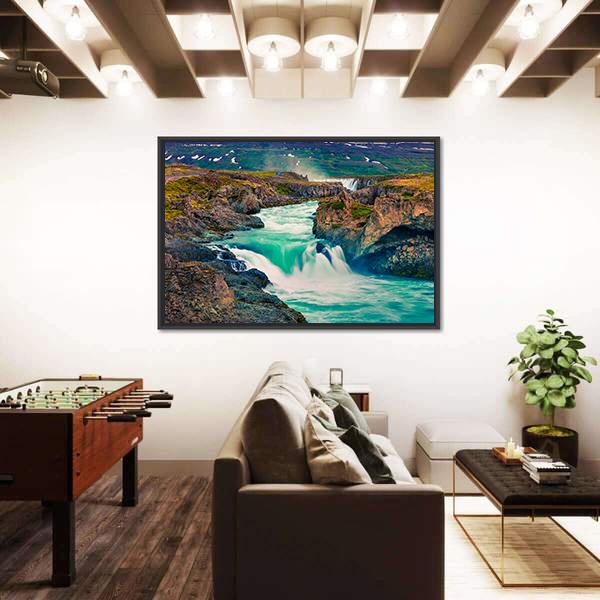 Summer Morning Scene On Godafoss Waterfall Canvas Wall Art-1 Piece-Floating Frame-36" x 24"-Tiaracle
