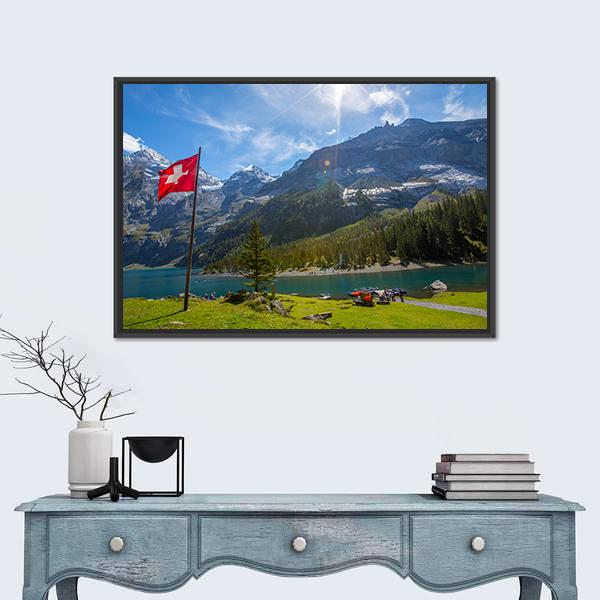 Summer View Over The Oeschinen Lake Canvas Wall Art-1 Piece-Floating Frame-36" x 24"-Tiaracle