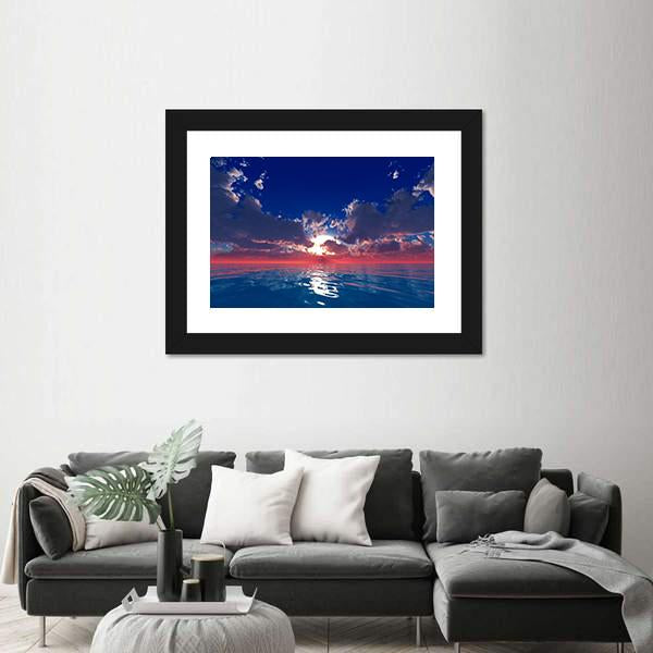Sun With Rays In Clouds Over Ocean Sunset Canvas Wall Art-3 Horizontal-Gallery Wrap-25" x 16"-Tiaracle