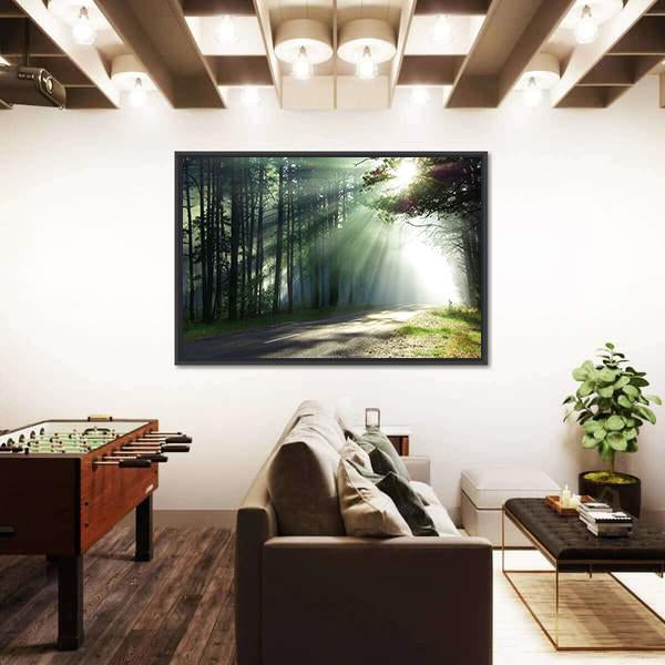 Sunlight Rays On The Forest Road Canvas Wall Art-5 Horizontal-Gallery Wrap-22" x 12"-Tiaracle