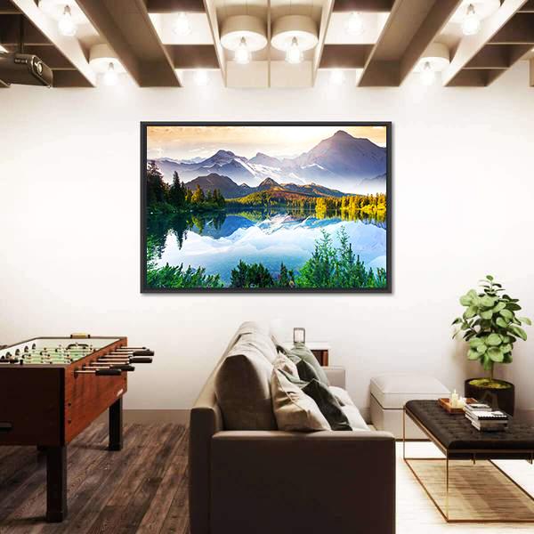 Sunny Day In Mountain & Lake Canvas Wall Art-1 Piece-Floating Frame-24" x 16"-Tiaracle