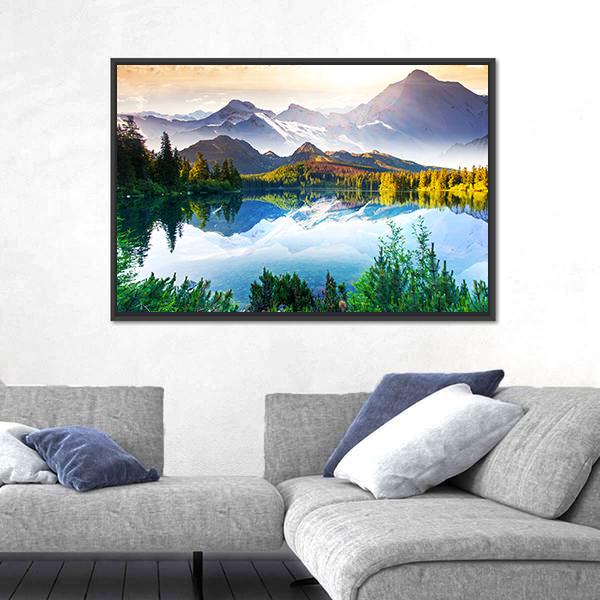 Sunny Day In Mountain & Lake Canvas Wall Art-5 Horizontal-Gallery Wrap-22" x 12"-Tiaracle