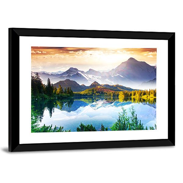 Sunny Day In Mountain & Lake Canvas Wall Art-5 Horizontal-Gallery Wrap-22" x 12"-Tiaracle