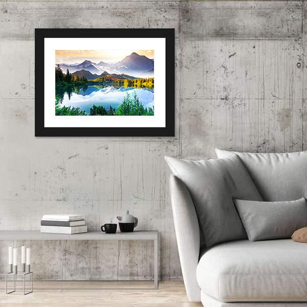 Sunny Day In Mountain & Lake Canvas Wall Art-5 Horizontal-Gallery Wrap-22" x 12"-Tiaracle