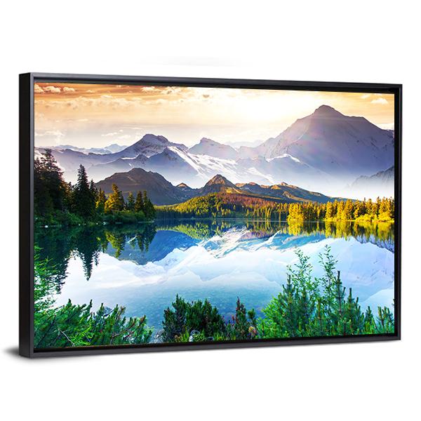 Sunny Day In Mountain & Lake Canvas Wall Art-5 Horizontal-Gallery Wrap-22" x 12"-Tiaracle