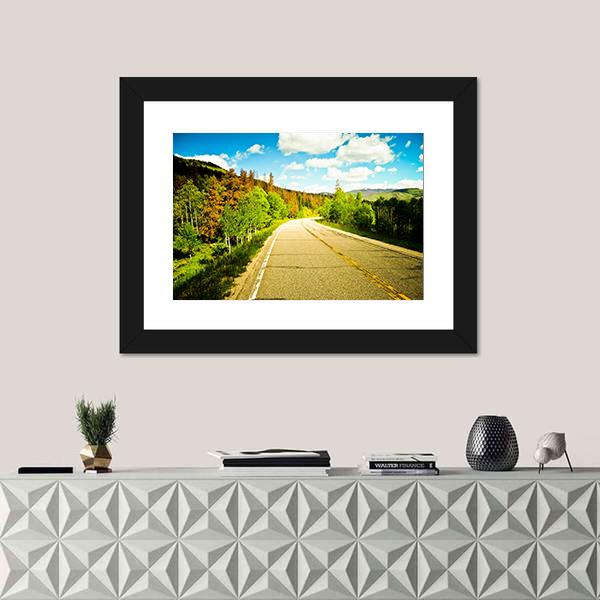 Sunny Road Among Trees With Colorful Leaves Canvas Wall Art-1 Piece-Framed Print-30" x 20"-Tiaracle
