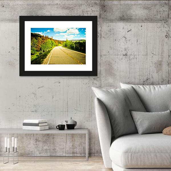 Sunny Road Among Trees With Colorful Leaves Canvas Wall Art-5 Horizontal-Gallery Wrap-22" x 12"-Tiaracle
