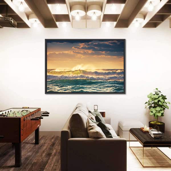 Sunrise And Shining Waves In Ocean Canvas Wall Art-1 Piece-Floating Frame-24" x 16"-Tiaracle