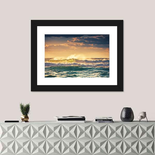Sunrise And Shining Waves In Ocean Canvas Wall Art-1 Piece-Framed Print-20" x 16"-Tiaracle