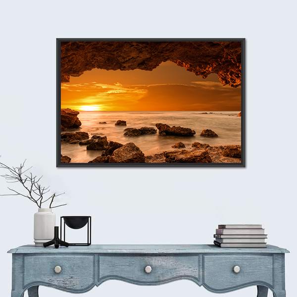 Sunrise At Sea From A Cave Canvas Wall Art-1 Piece-Floating Frame-24" x 16"-Tiaracle