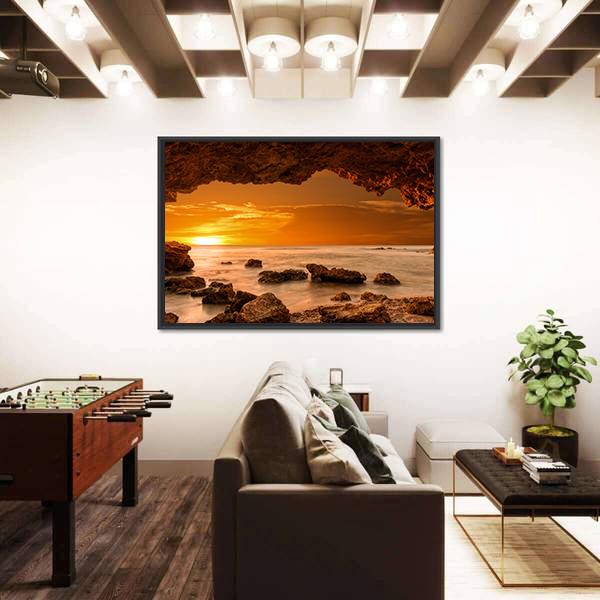 Sunrise At Sea From A Cave Canvas Wall Art-1 Piece-Floating Frame-24" x 16"-Tiaracle