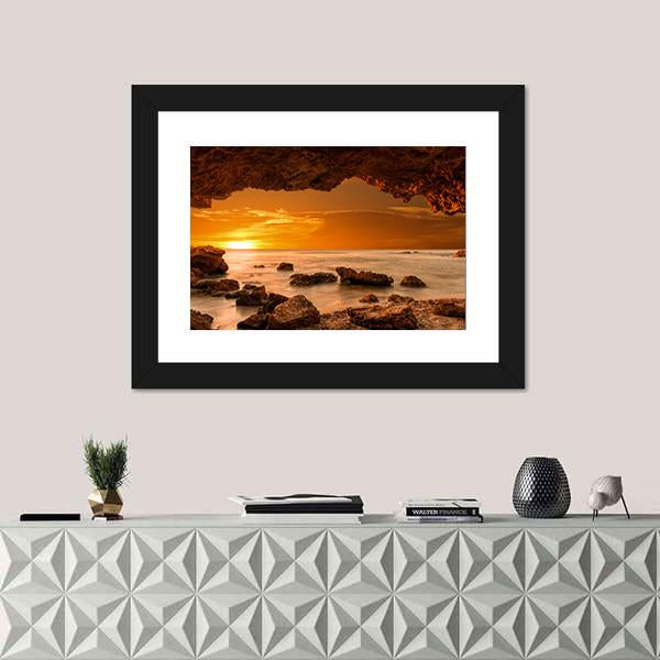 Sunrise At Sea From A Cave Canvas Wall Art-1 Piece-Framed Print-20" x 16"-Tiaracle