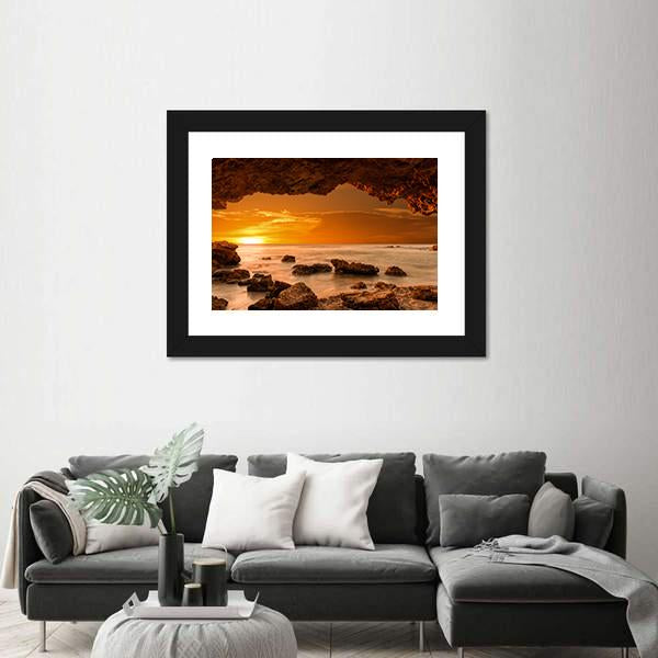 Sunrise At Sea From A Cave Canvas Wall Art-1 Piece-Framed Print-20" x 16"-Tiaracle