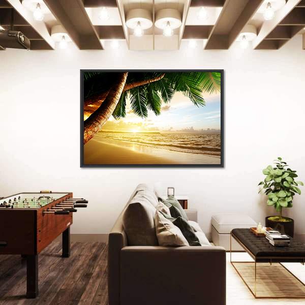 Sunrise On Caribbean Beach Canvas Wall Art-1 Piece-Floating Frame-24" x 16"-Tiaracle