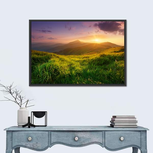 Sunrise On Mountain Valley Canvas Wall Art-1 Piece-Floating Frame-24" x 16"-Tiaracle