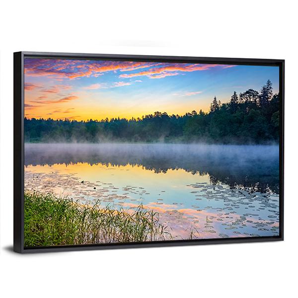 Sunrise Over Forest Lake Canvas Wall Art-5 Horizontal-Gallery Wrap-22" x 12"-Tiaracle