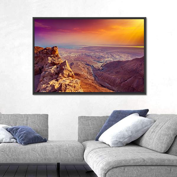 Sunrise Over Masada Fortress Canvas Wall Art-5 Horizontal-Gallery Wrap-22" x 12"-Tiaracle