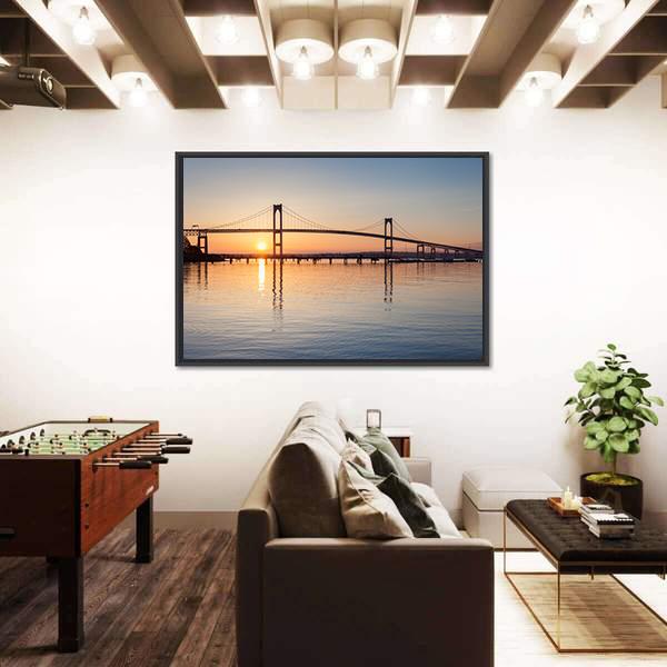 Sunrise Over Newport Bridge Canvas Wall Art-1 Piece-Floating Frame-24" x 16"-Tiaracle
