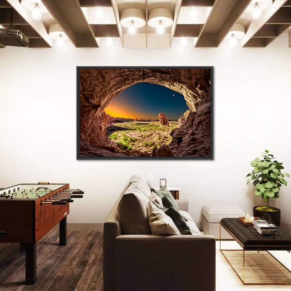 Sunrise View From Inside Double Arches Rock Canvas Wall Art-1 Piece-Floating Frame-24" x 16"-Tiaracle