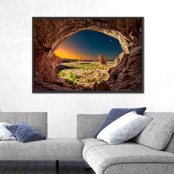 Sunrise View From Inside Double Arches Rock Canvas Wall Art-5 Horizontal-Gallery Wrap-22" x 12"-Tiaracle