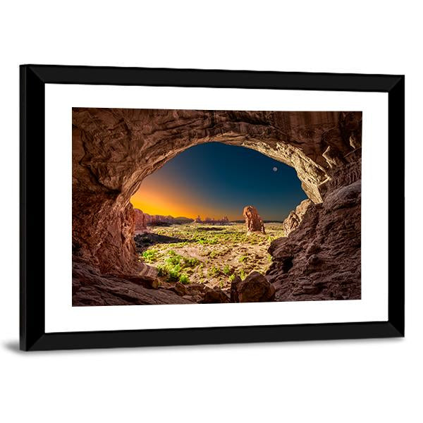 Sunrise View From Inside Double Arches Rock Canvas Wall Art-5 Horizontal-Gallery Wrap-22" x 12"-Tiaracle