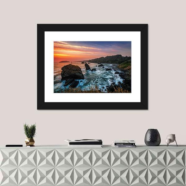 Sunset At A Rocky Beach Canvas Wall Art-1 Piece-Framed Print-20" x 16"-Tiaracle