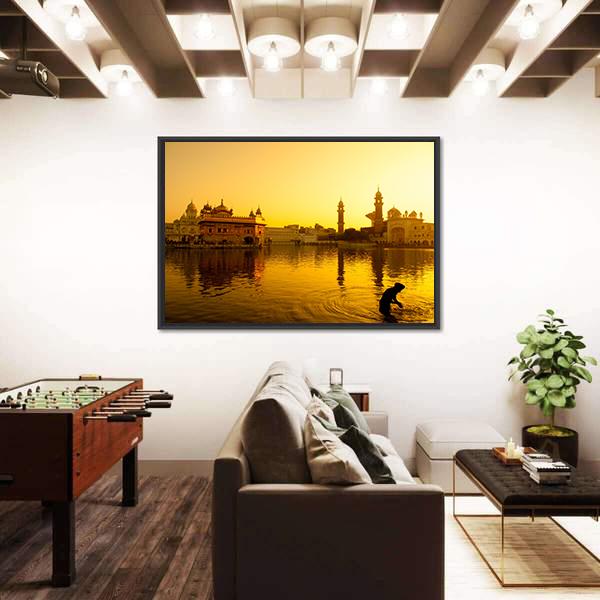 Sunset At Golden Temple In India Canvas Wall Art-5 Horizontal-Gallery Wrap-22" x 12"-Tiaracle